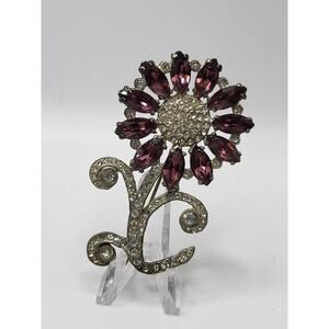 Vintage Purple Rhinestone Flower Brooch Pave Floral Pin